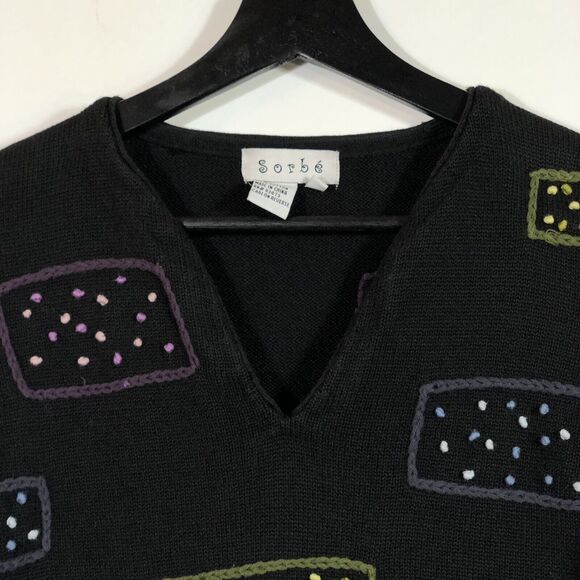 Black Cropped Sweater Vintage Embroidered Small Retro V-Neck Pullover - Picture 2 of 11